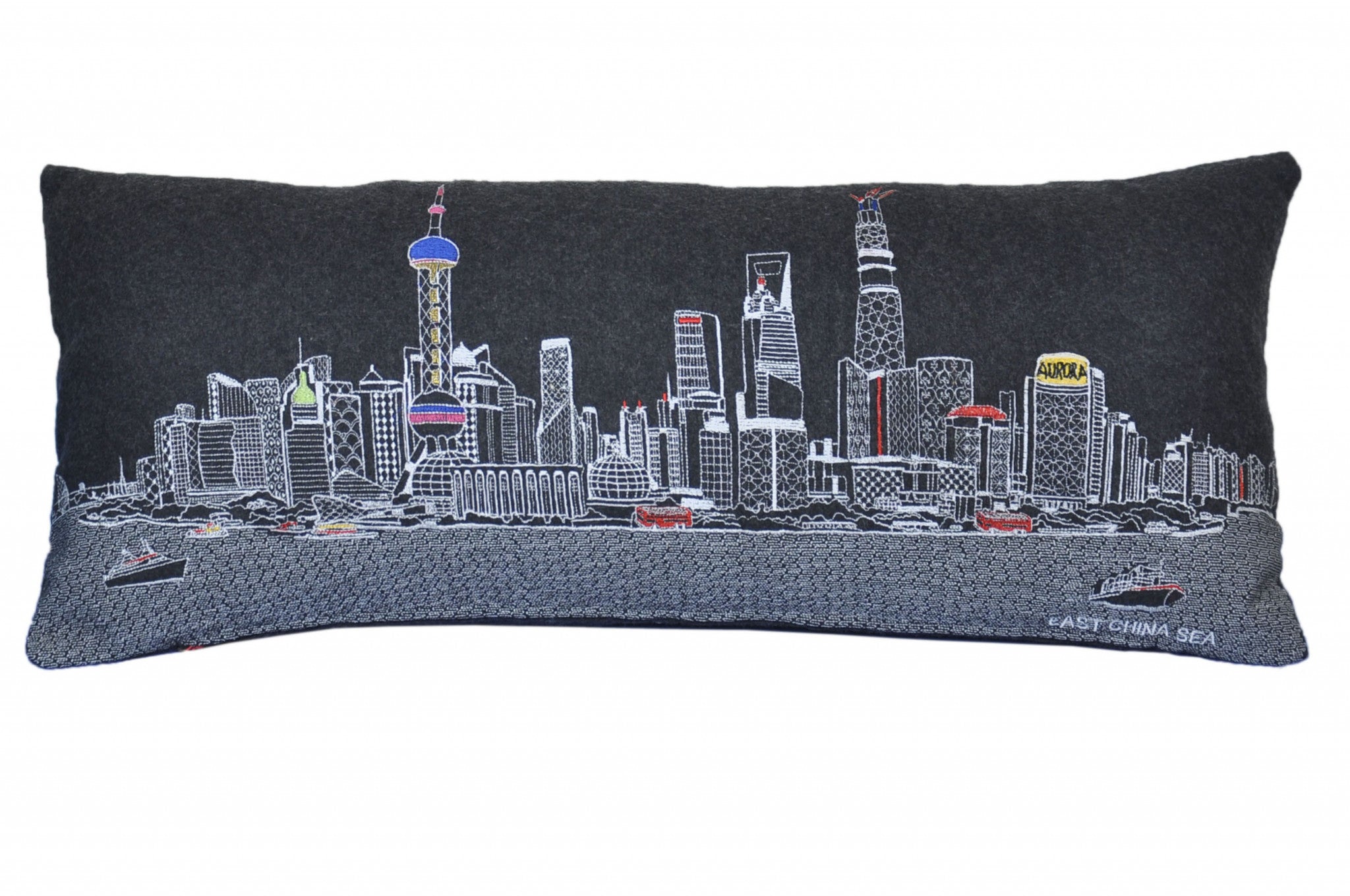 35" Black Shanghai  Nighttime Skyline Lumbar Decorative Pillow