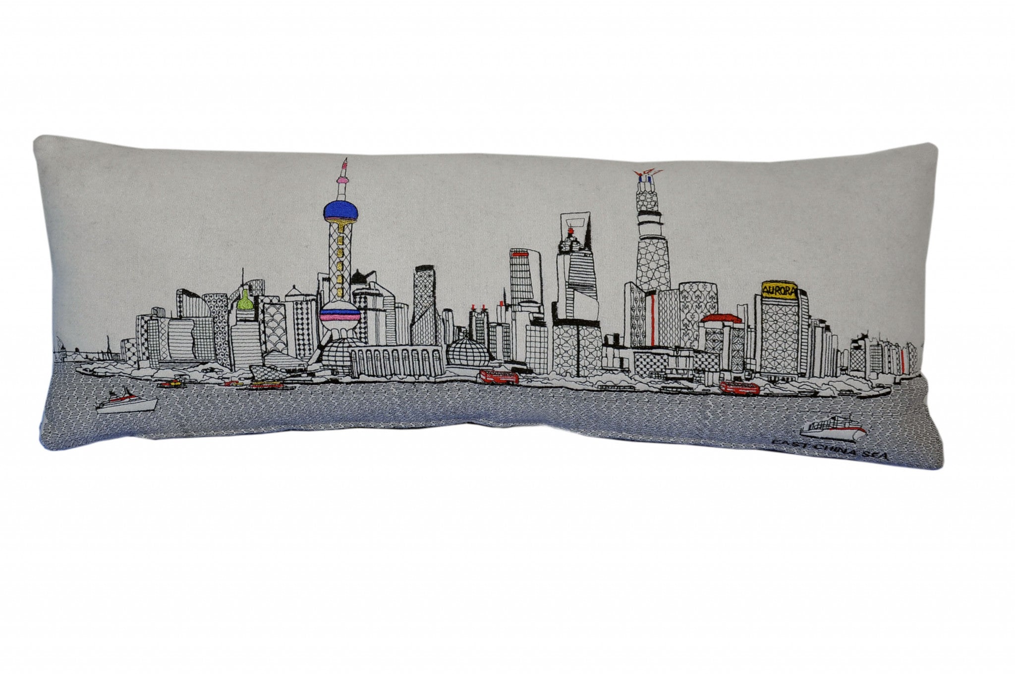 35" White Shanghai  Daylight Skyline Lumbar Decorative Pillow