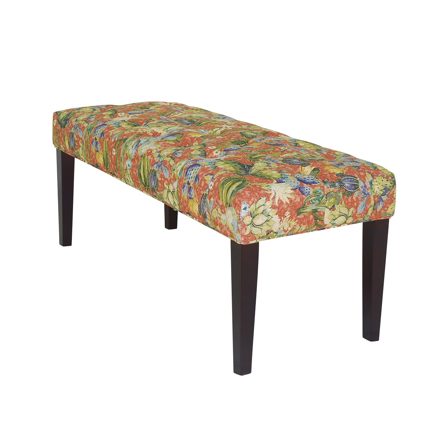 42" Brown And Green Succulent Floral Upholstered Bench