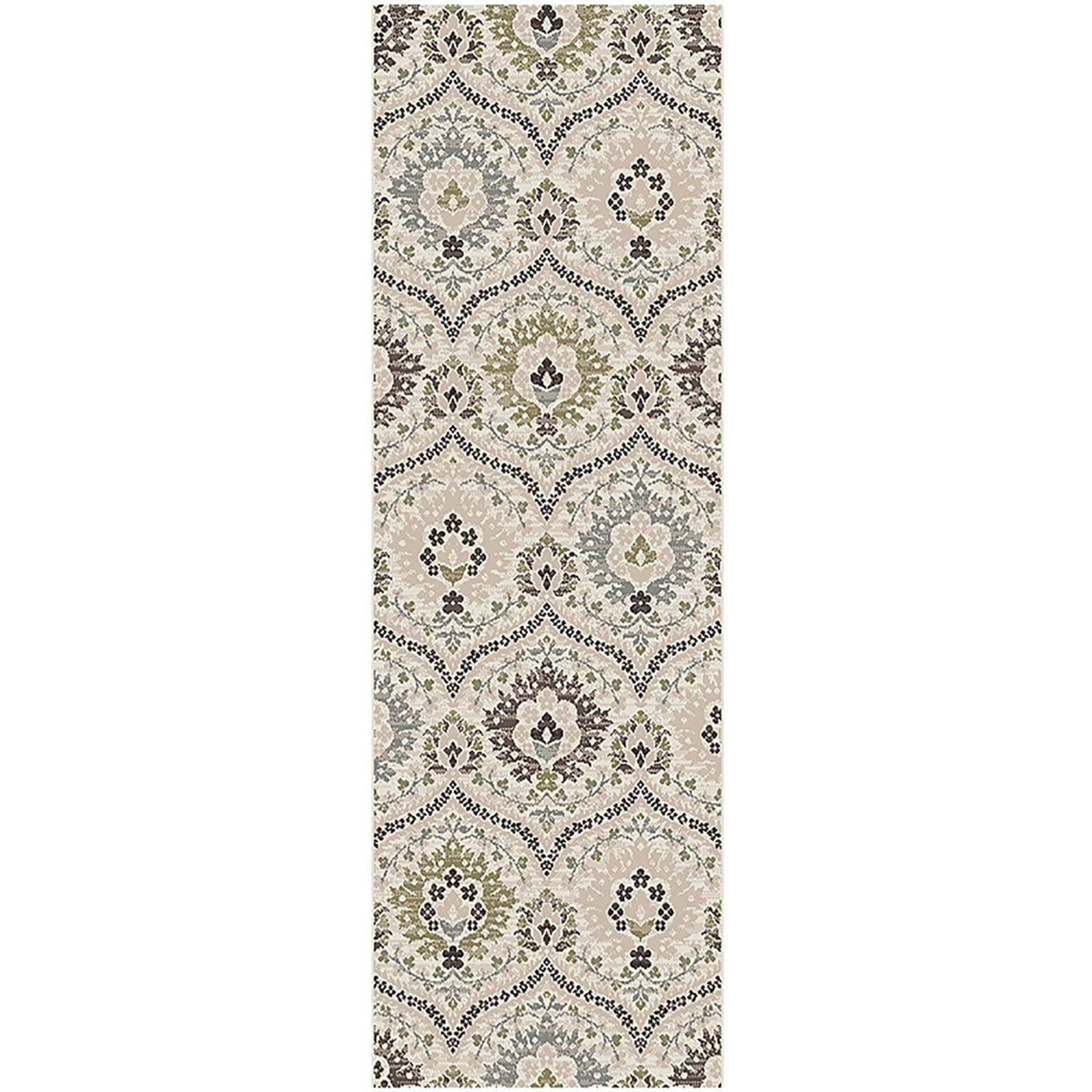 12' Ivory Gray And Olive Floral Stain Resistant Runner Rug