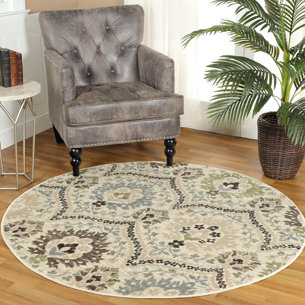 8' Round Ivory Gray And Olive Round Floral Stain Resistant Area Rug