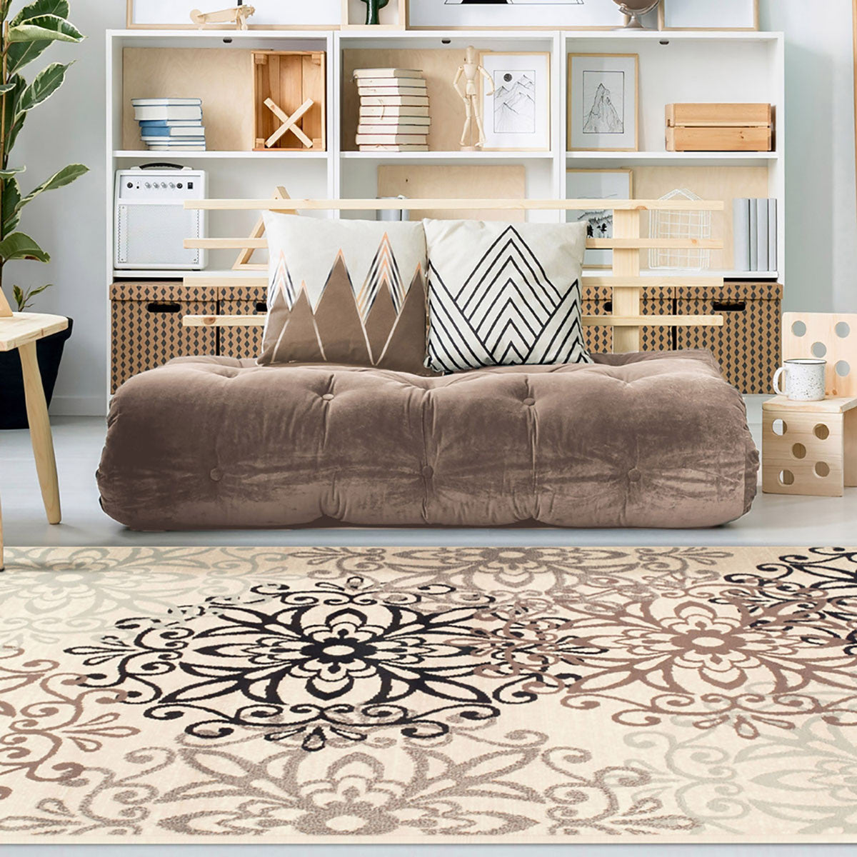 7' X 9' Tan Gray And Black Floral Medallion Stain Resistant Area Rug