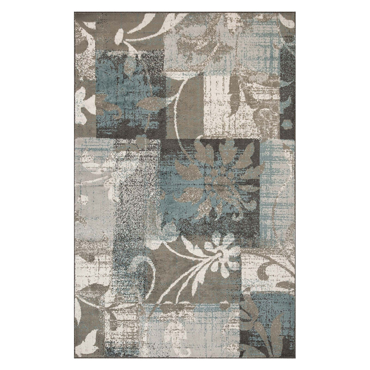 4' X 6' Teal Gray And Tan Floral Power Loom Distressed Stain Resistant Area Rug