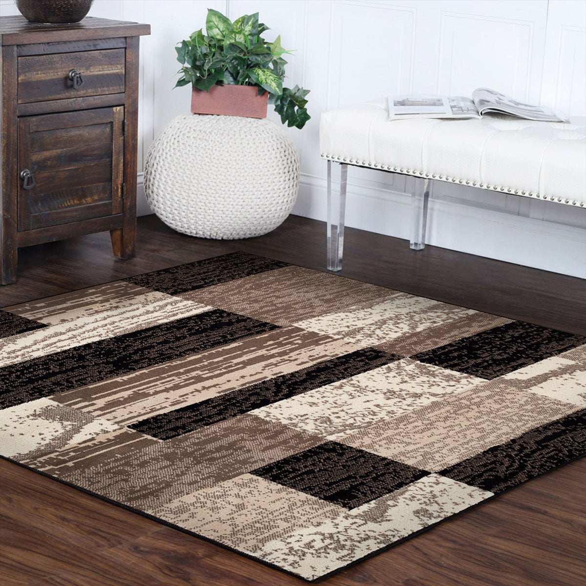 5' Square Chocolate Square Patchwork Power Loom Stain Resistant Area Rug