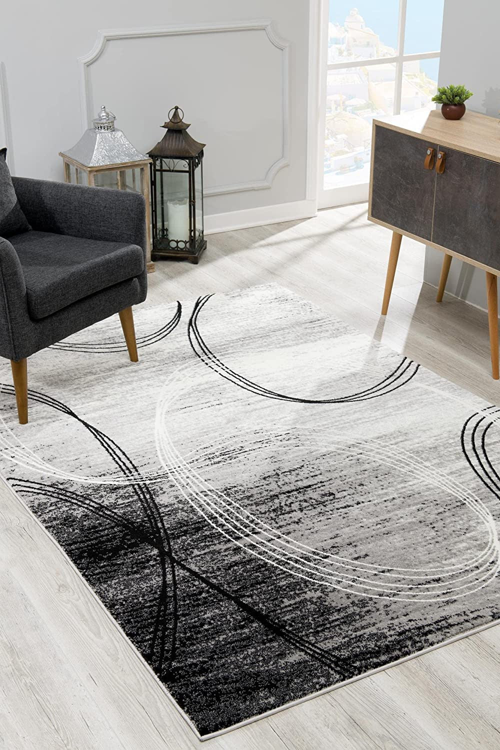 3' X 10' Grey Abstract Power Loom Stain Resistant Area Rug