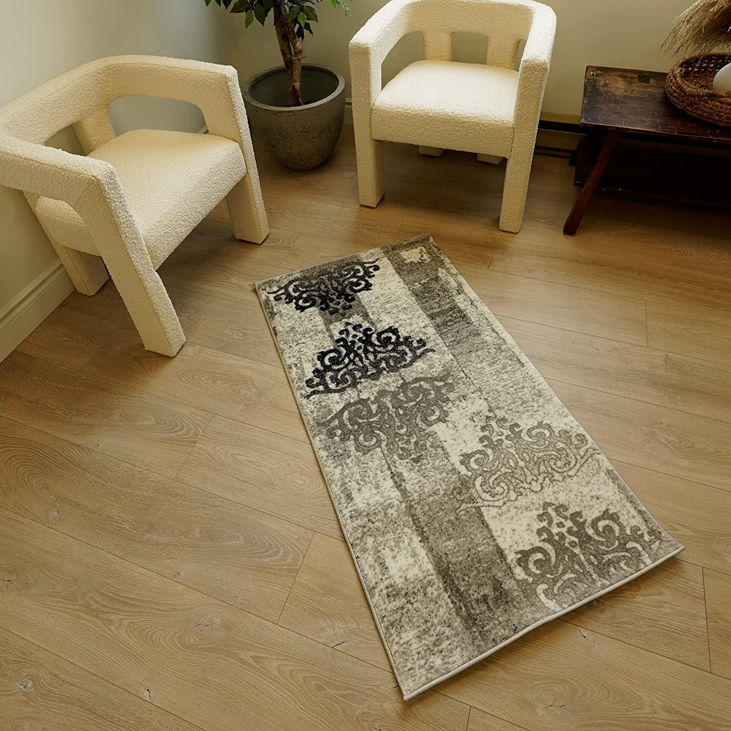 3' X 10' Grey Damask Power Loom Stain Resistant Area Rug