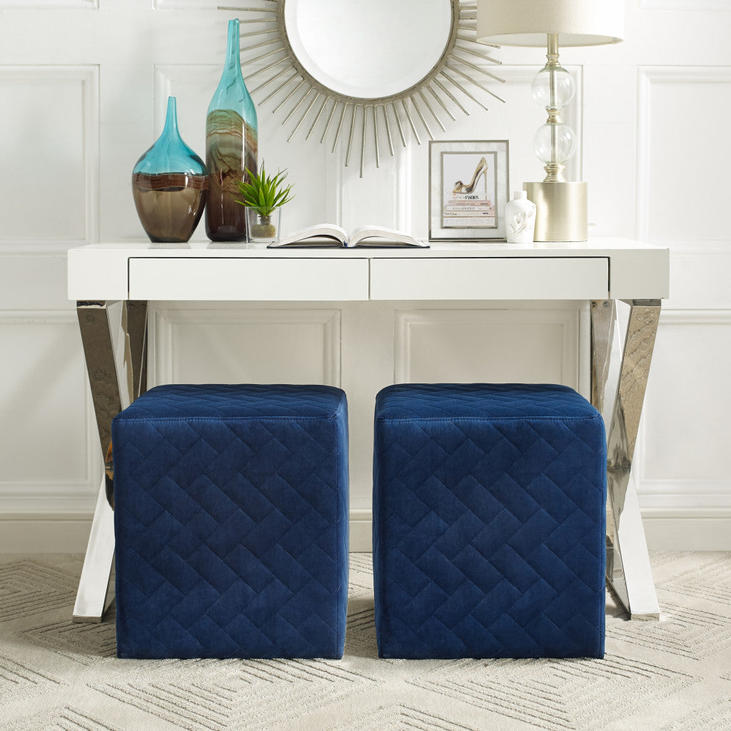 17" Navy Blue Velvet Quilted Cube Ottoman