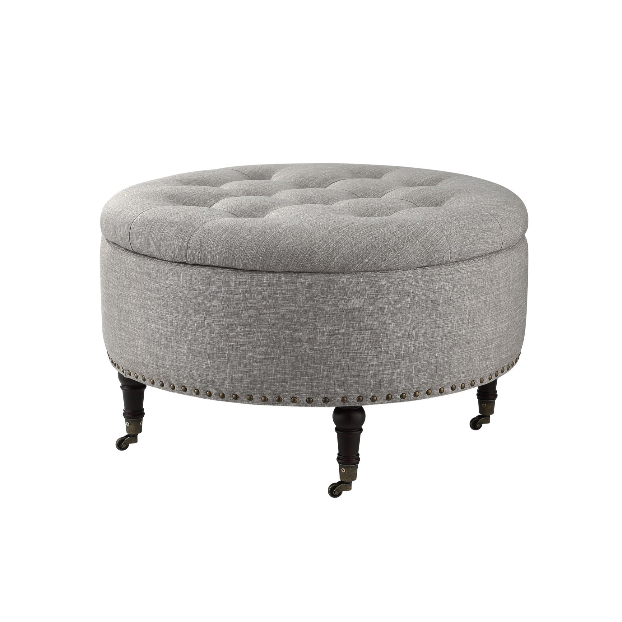 32" Gray Linen And Brown Rolling Tufted Round Storage