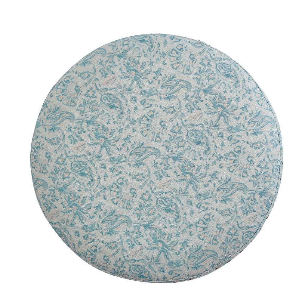 18" Blue Linen Round Floral Ottoman