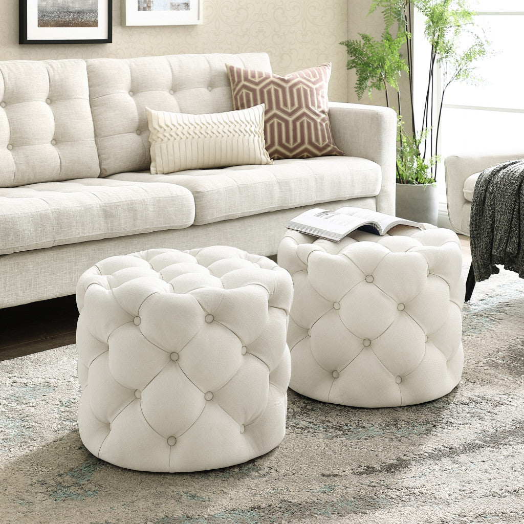 21" White Linen Tufted Round Ottoman