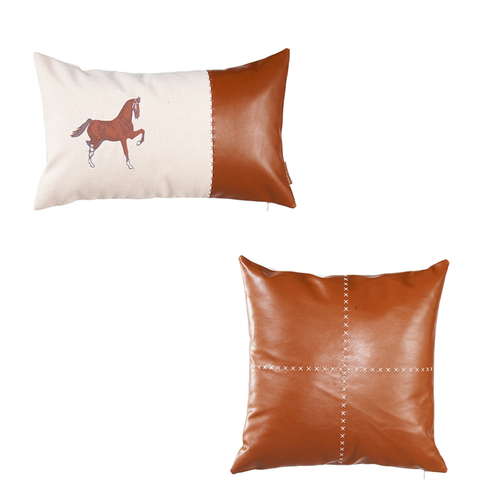 Set of Two Beige Horse Zippered Pillow With Embroidery