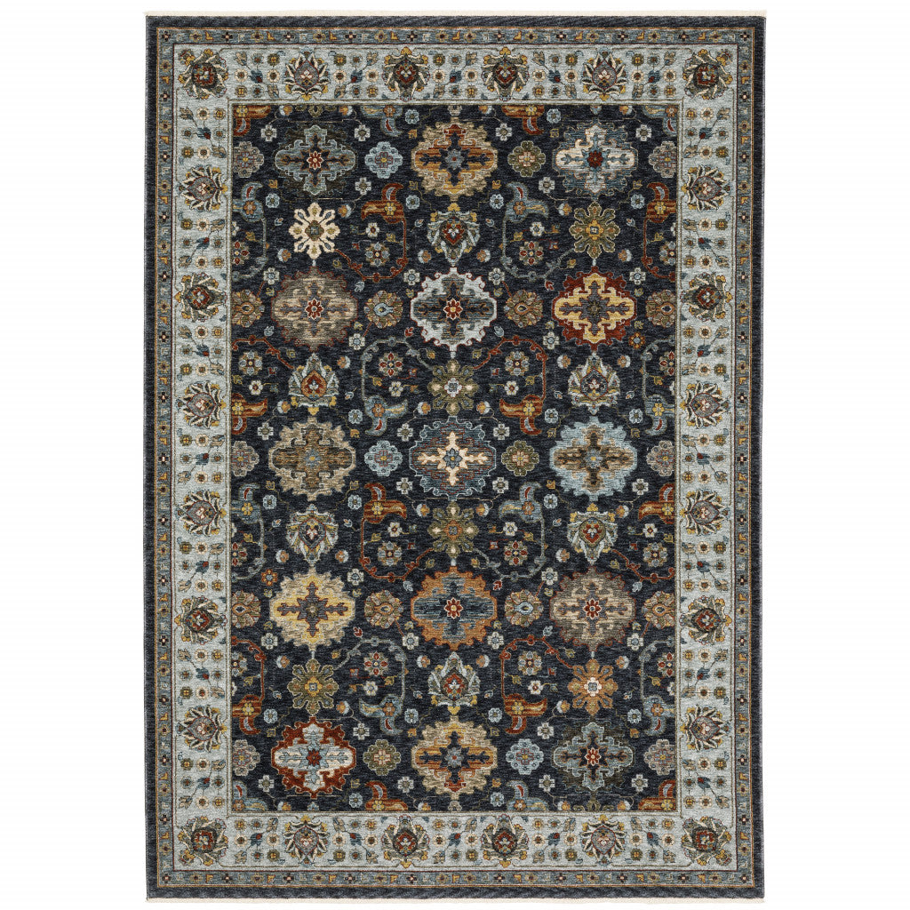 10' X 13' Blue Red Beige Yellow Grey Rust And Gold Oriental Power Loom Stain Resistant Area Rug With Fringe