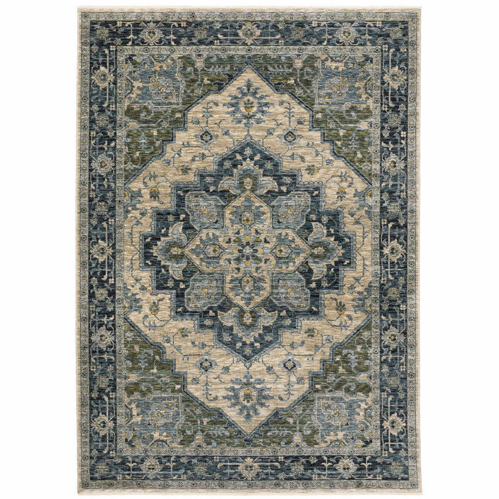 3' X 5' Blue Grey Beige Tan Green And Gold Oriental Power Loom Stain Resistant Area Rug With Fringe