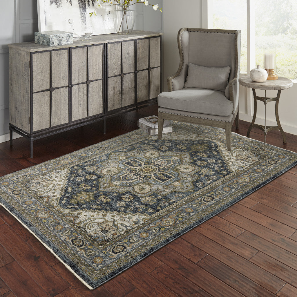 6' X 9' Blue Taupe Grey Green Rust Tan Beige And Gold Oriental Power Loom Stain Resistant Area Rug With Fringe