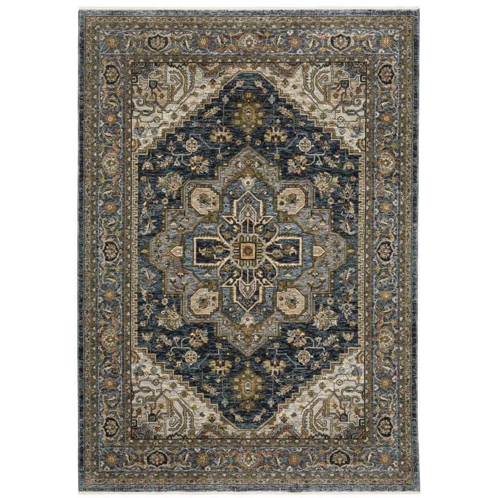 8' X 11' Blue Taupe Grey Green Rust Tan Beige And Gold Oriental Power Loom Stain Resistant Area Rug With Fringe