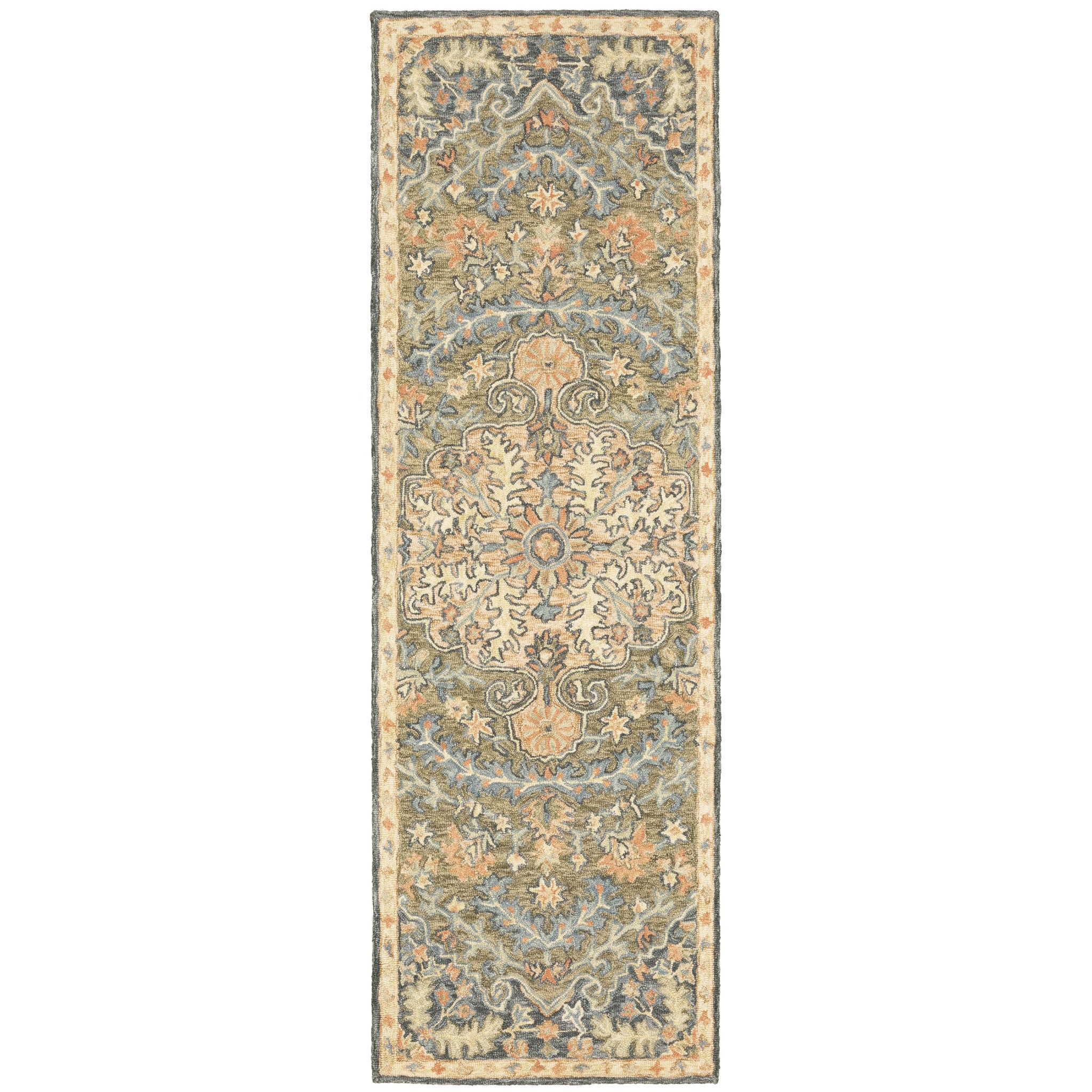 8' Blue and Orange Oriental Hand Tufted Runner Rug