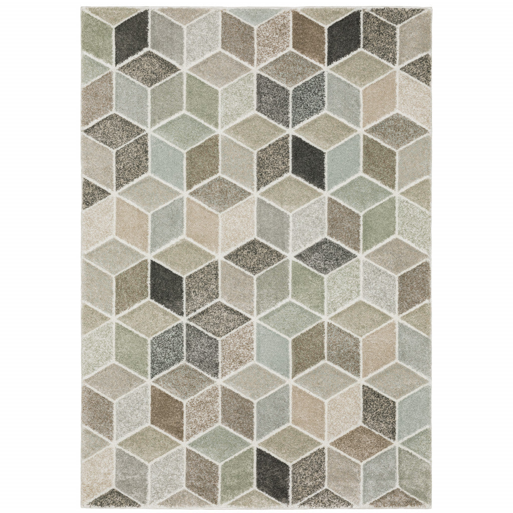 8' X 11' Beige Brown Grey Tan Sage And Pale Blue Geometric Power Loom Stain Resistant Area Rug