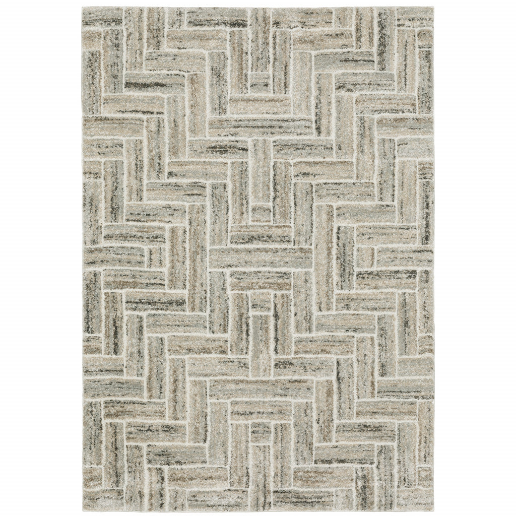 5' X 8' Ivory Beige Grey Brown Pale Blue And Charcoal Geometric Power Loom Stain Resistant Area Rug