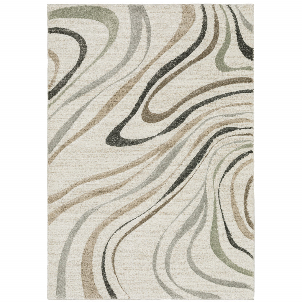 8' X 11' Beige Grey Brown Sage Pale Blue Tan And Charcoal Abstract Power Loom Stain Resistant Area Rug