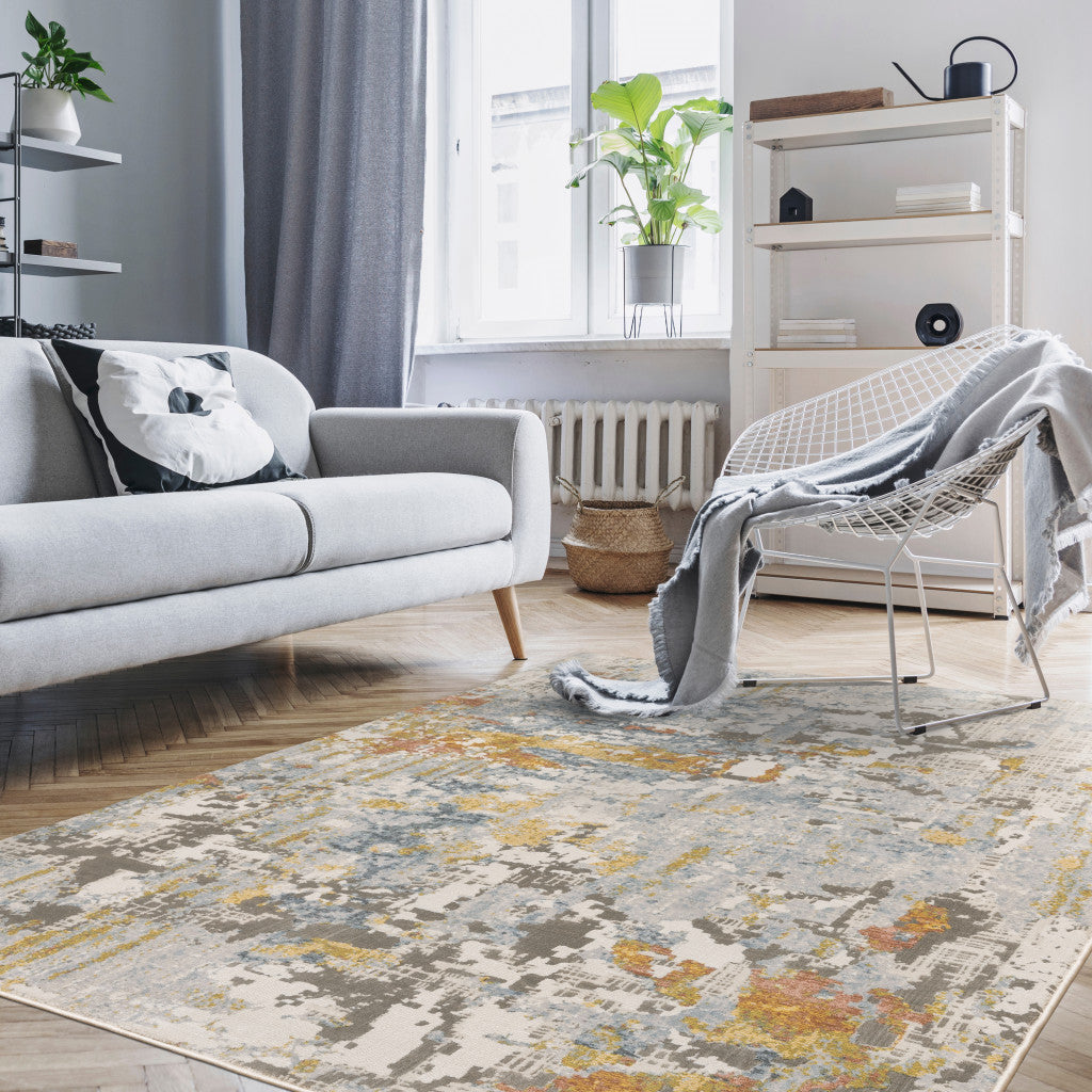 6' X 9' Grey Blue Beige Gold And Rust Abstract Power Loom Stain Resistant Area Rug