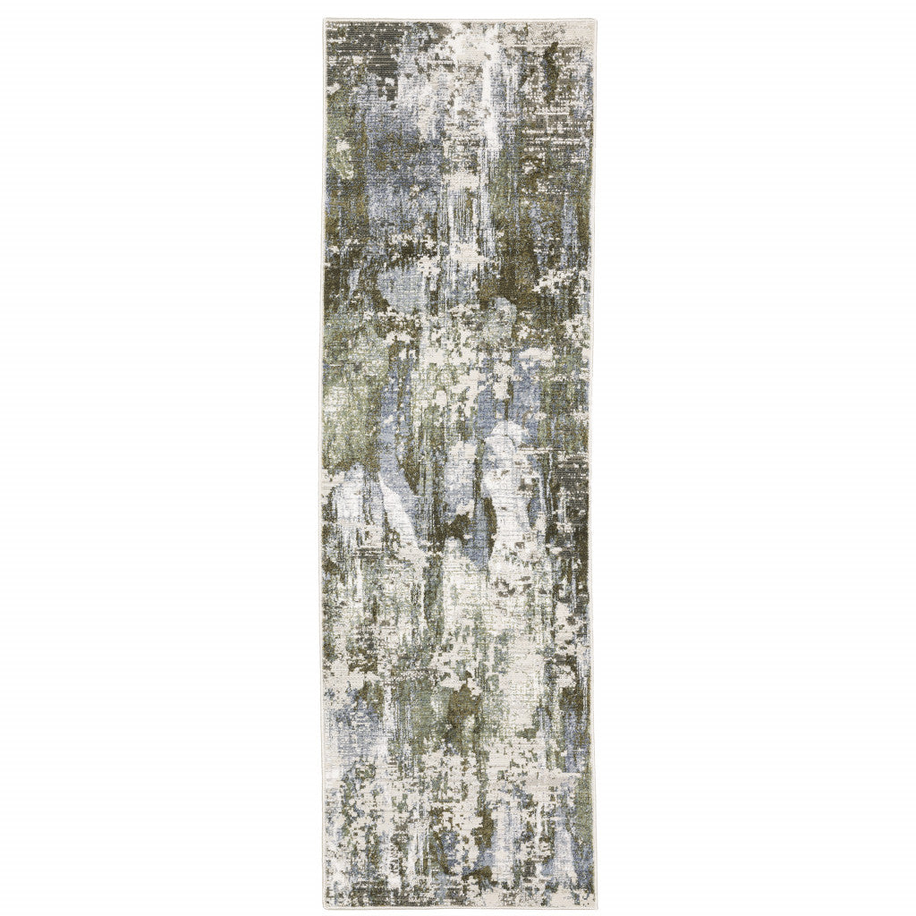 2' X 8' Green Blue Grey Ivory And Brown Abstract Power Loom Stain Resistant Runner Rug