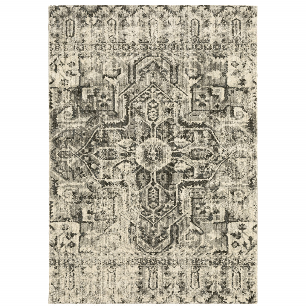 6' X 9' Grey Ivory And Brown Oriental Power Loom Stain Resistant Area Rug