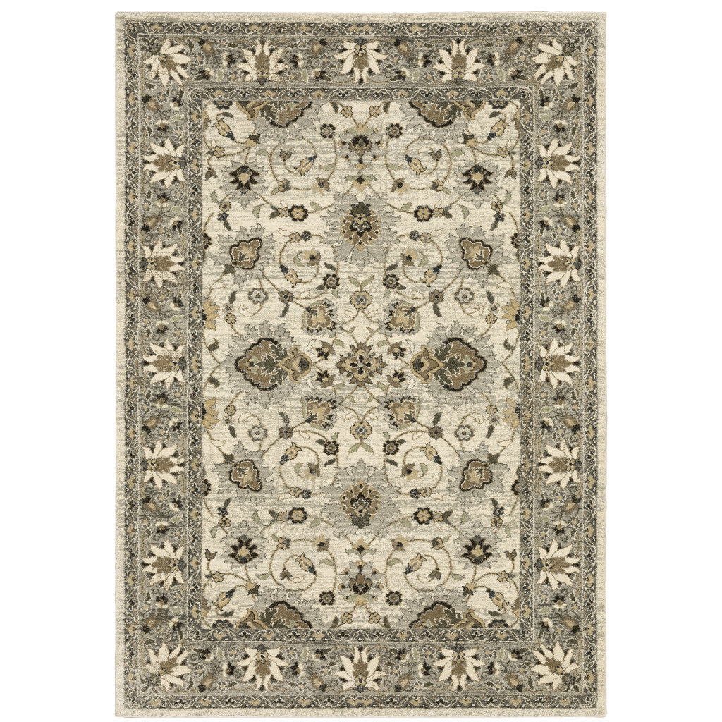 10' X 13' Beige Grey Brown And Charcoal Oriental Power Loom Stain Resistant Area Rug