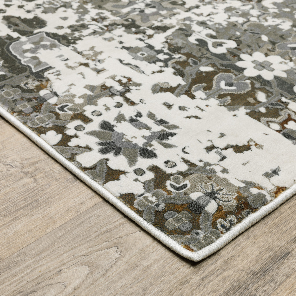 5' X 8' Ivory Grey Charcoal Rust Gold And Brown Oriental Power Loom Stain Resistant Area Rug