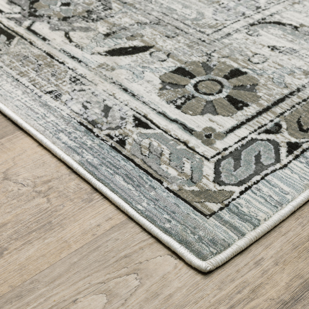 4' X 6' Ivory Grey Charcoal Blue And Taupe Oriental Power Loom Stain Resistant Area Rug