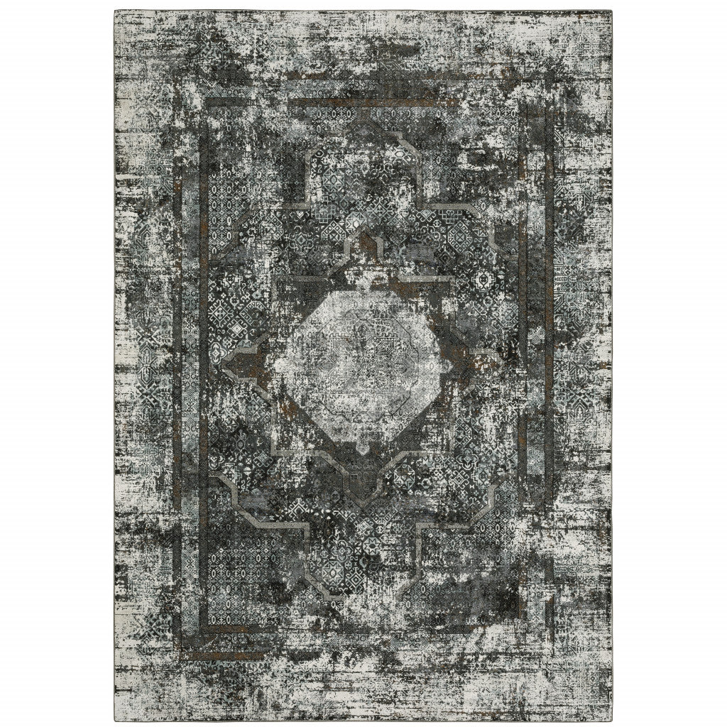 6' X 9' Charcoal Rust Grey Blue Ivory And Brown Oriental Power Loom Stain Resistant Area Rug