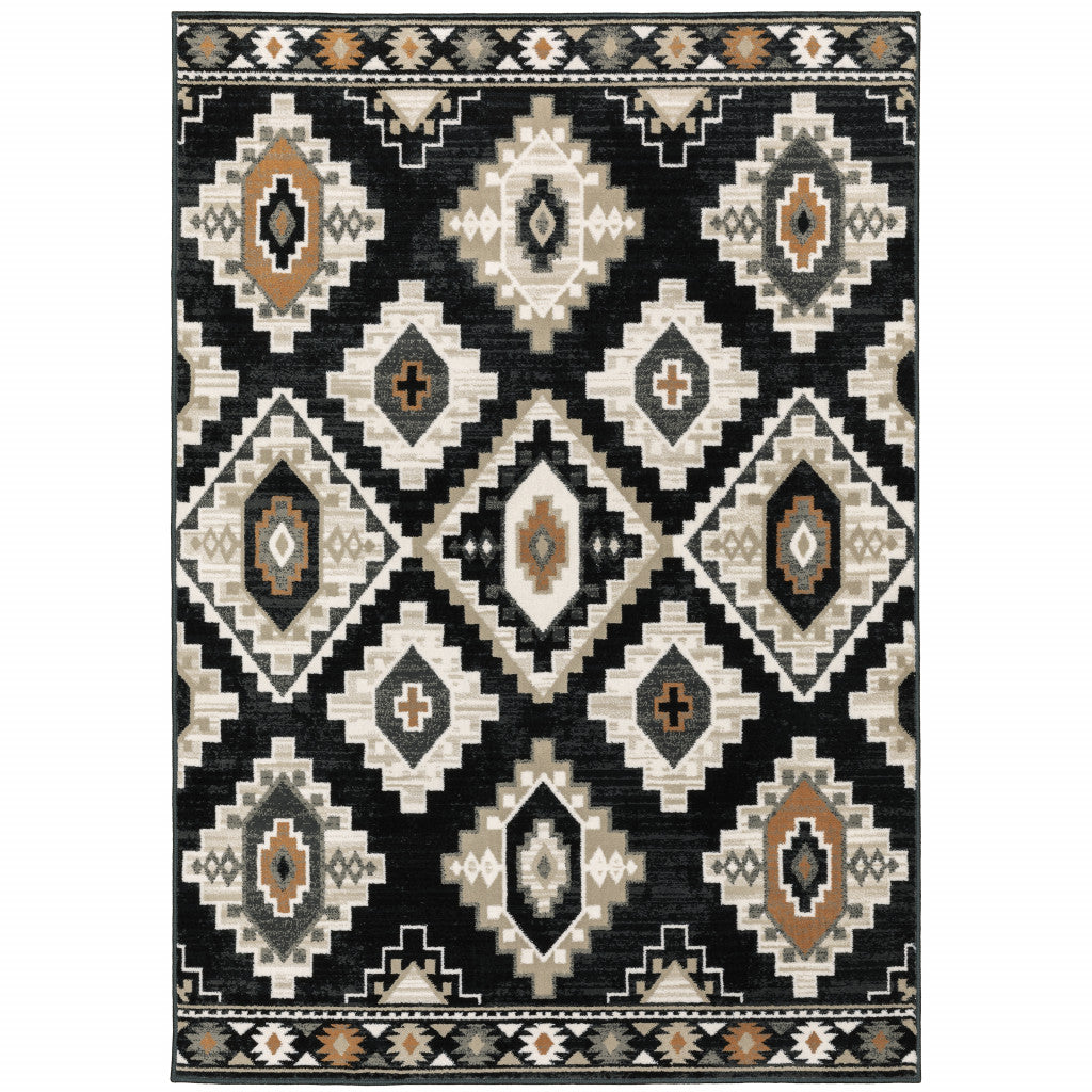 8' X 10' Black Grey Tan Orange And Ivory Southwestern Power Loom Stain Resistant Area Rug