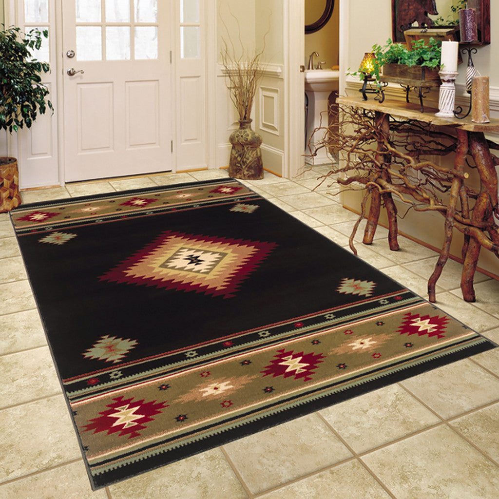 6' X 9' Black And Green Southwestern Power Loom Stain Resistant Area Rug