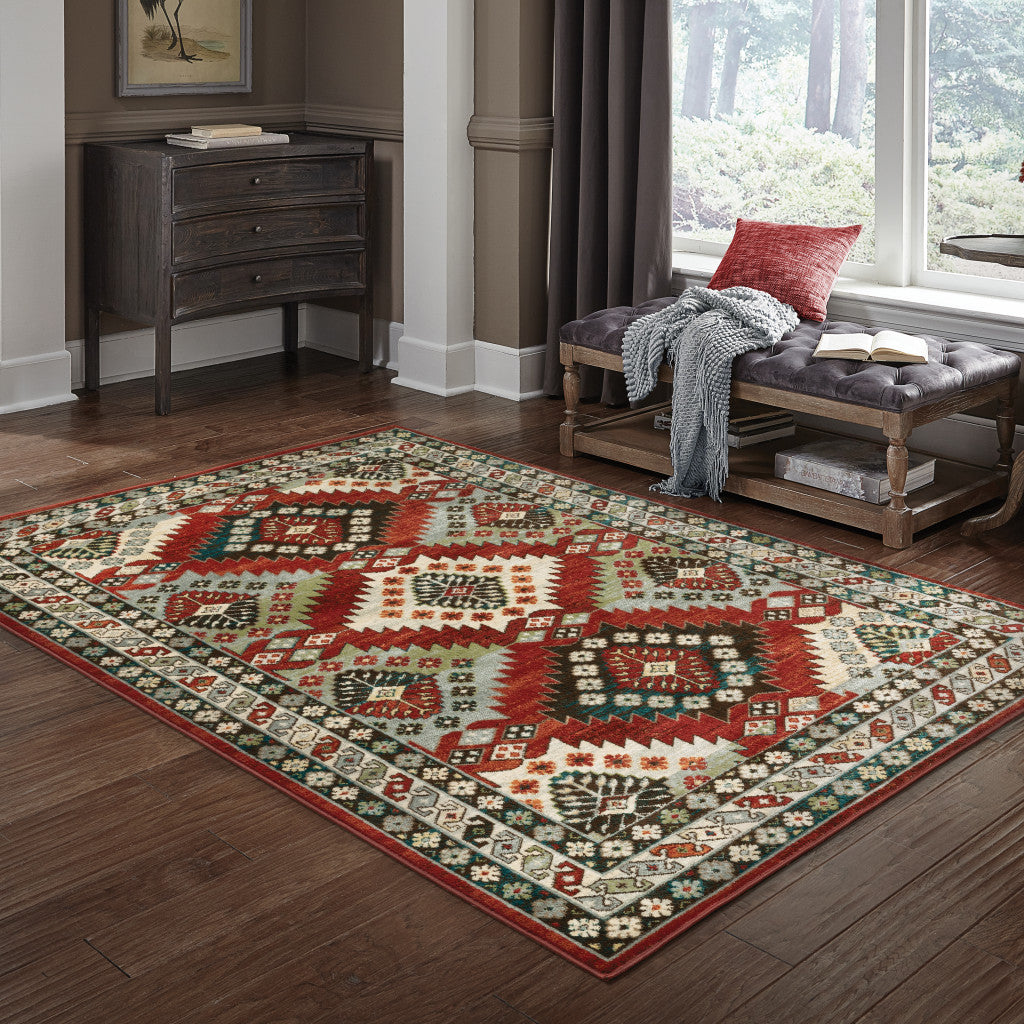 8' X 10' Red Deep Teal Ivory Grey And Green Southwestern Power Loom Stain Resistant Area Rug