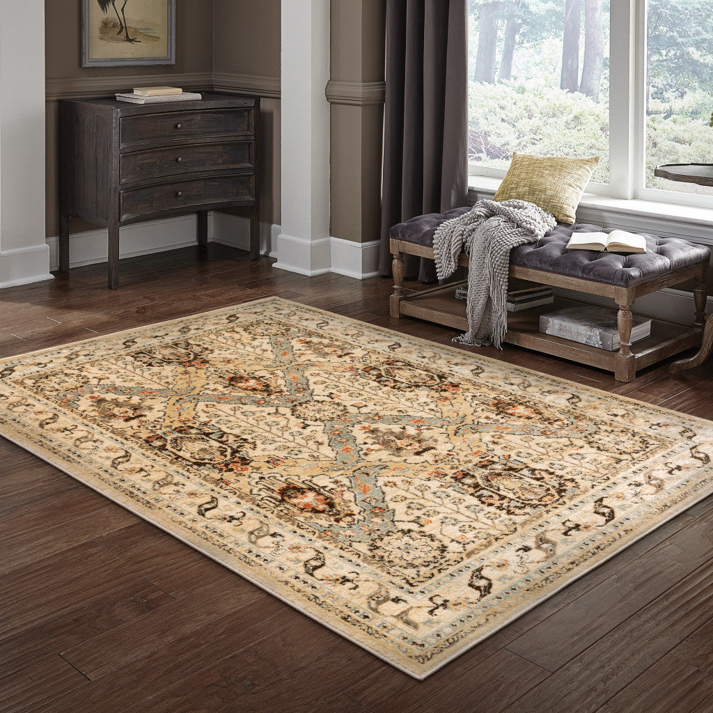 8' X 10' Beige Grey Dolphin Blue Deep Teal Gold And Orange Oriental Power Loom Stain Resistant Area Rug