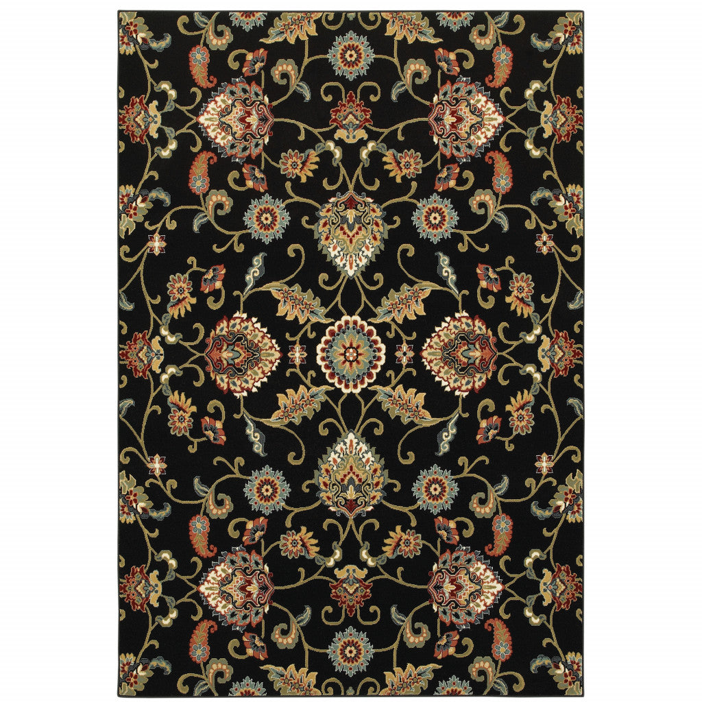 5' X 8' Black Red Green Ivory Salmon And Yellow Floral Power Loom Stain Resistant Area Rug