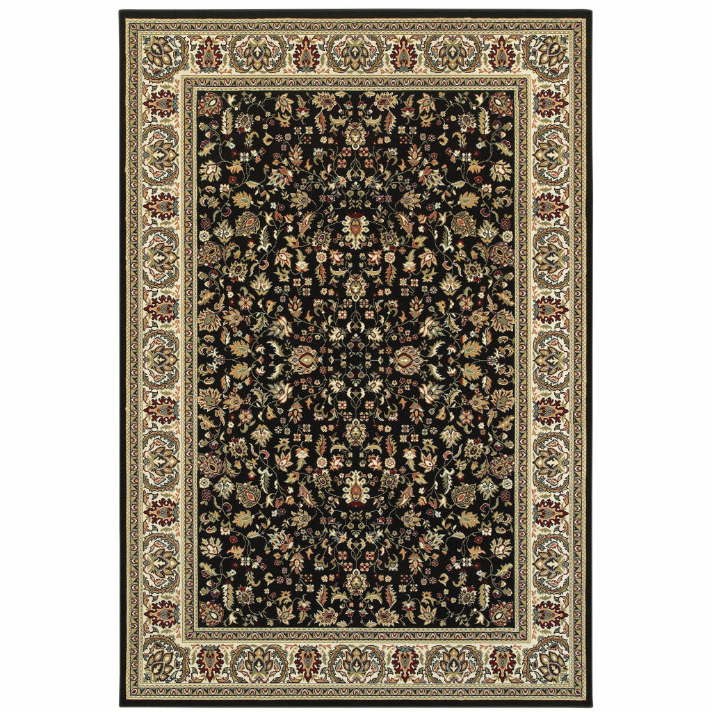 5' X 8' Black And Ivory Oriental Power Loom Stain Resistant Area Rug