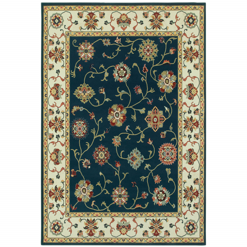 5' X 8' Navy And Ivory Oriental Power Loom Stain Resistant Area Rug