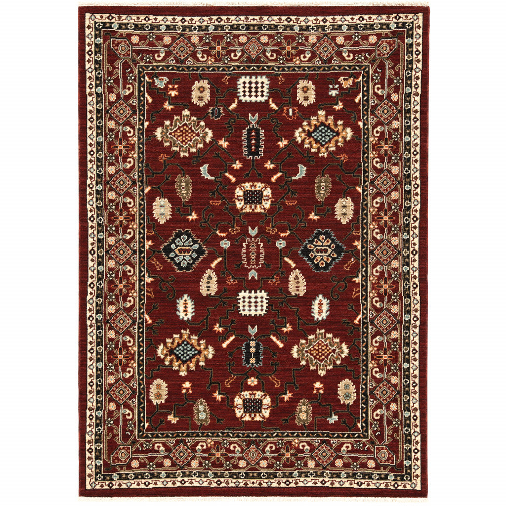 2' X 3' Red Black Ivory And Brown Oriental Power Loom Stain Resistant Area Rug With Fringe