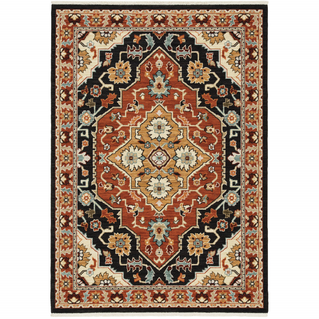 3' X 5' Black Orange And Beige Oriental Power Loom Stain Resistant Area Rug With Fringe