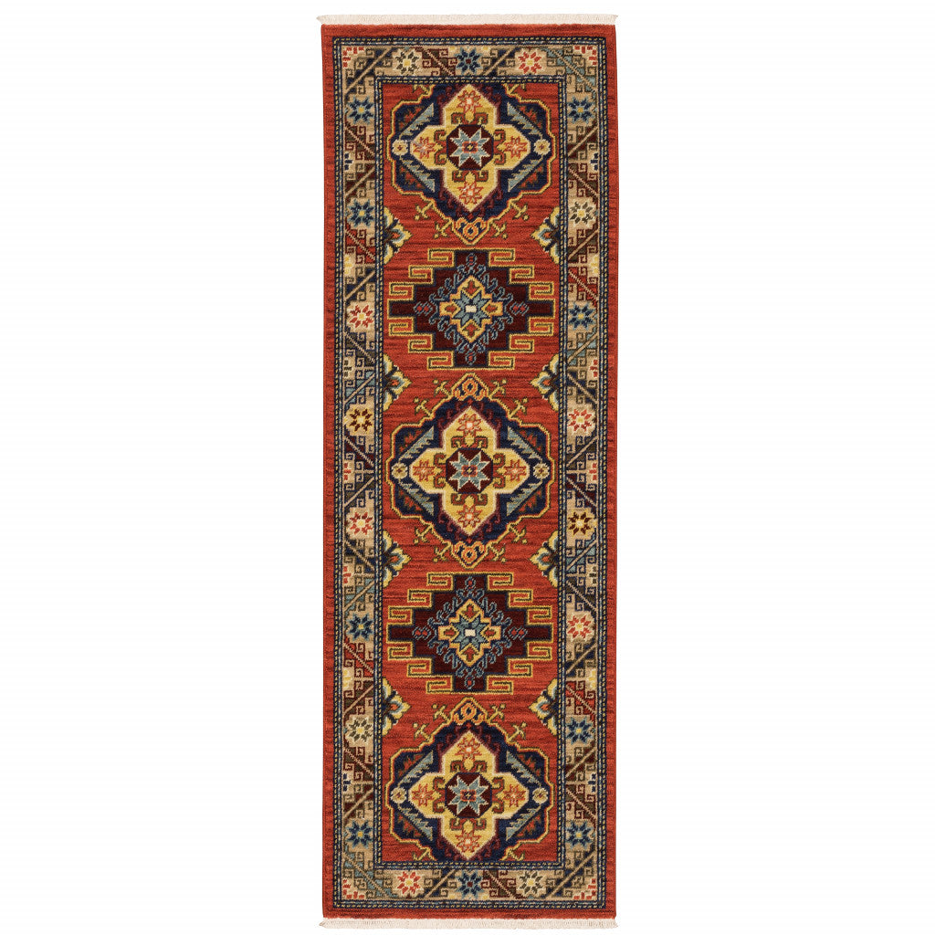 2' X 6' Red Gold Blue Brown Oriental Power Loom Stain Resistant Runner Rug With Fringe