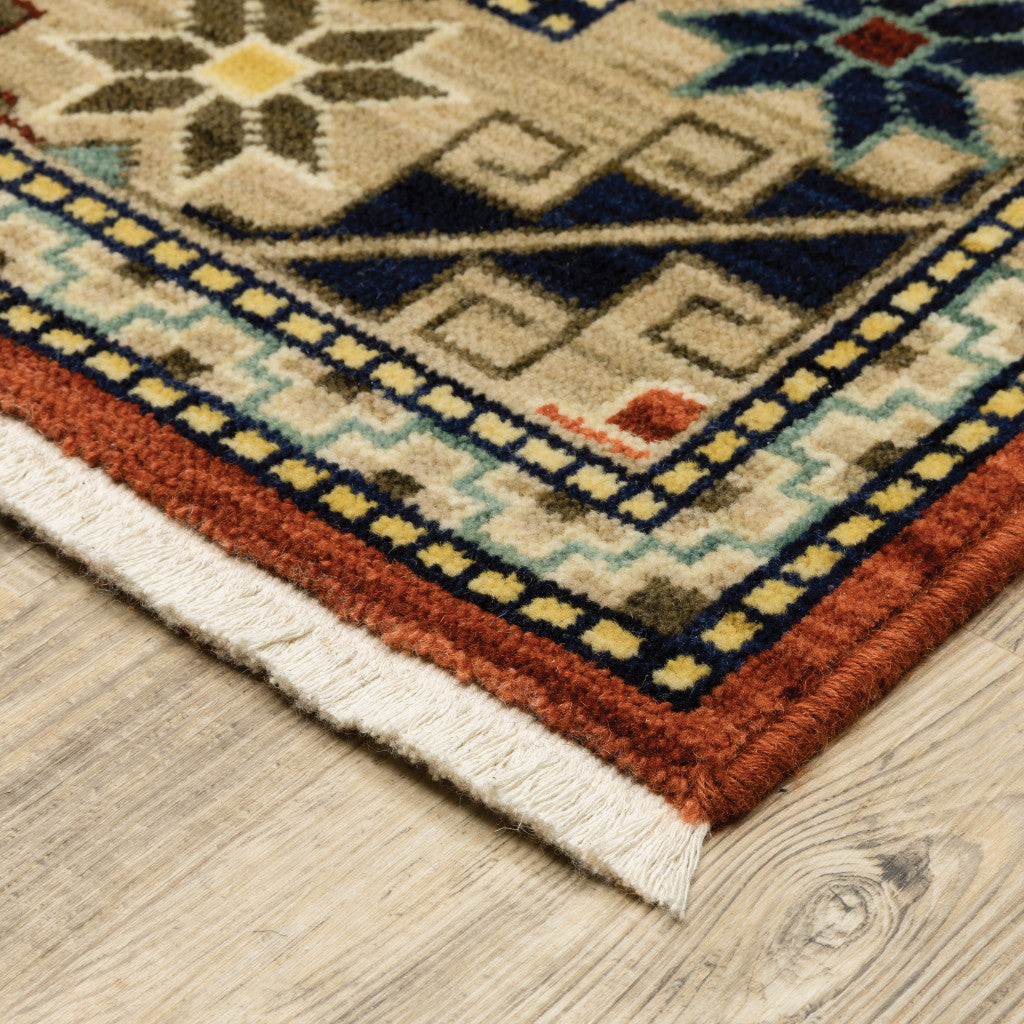 2' X 6' Red Gold Blue Brown Oriental Power Loom Stain Resistant Runner Rug With Fringe