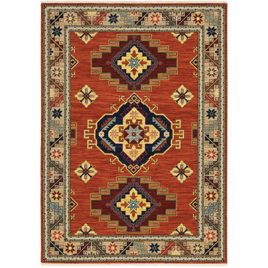 8' X 11' Red Gold Blue Brown Oriental Power Loom Stain Resistant Area Rug With Fringe