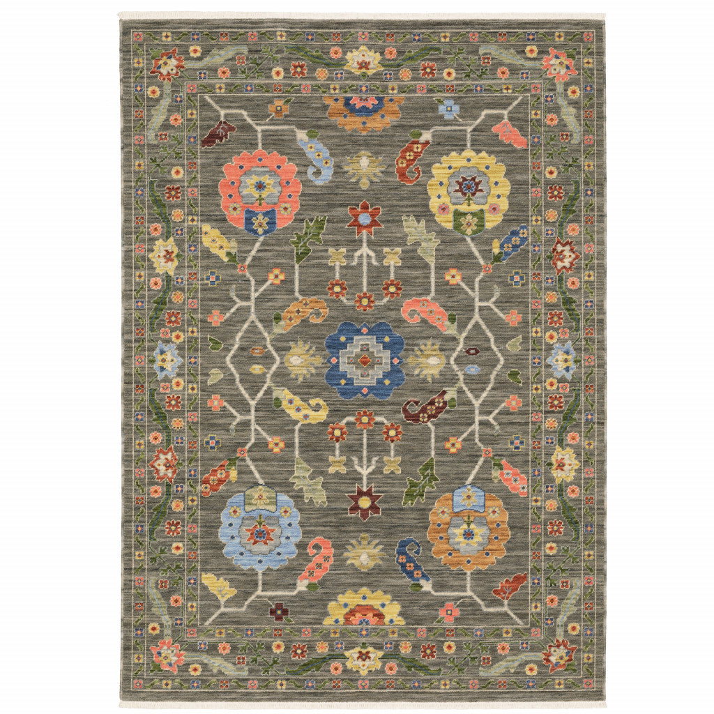 2' X 6' Grey Blue Pink Orange Rust Red Green And Ivory Oriental Power Loom Stain Resistant Runner Rug With Fringe