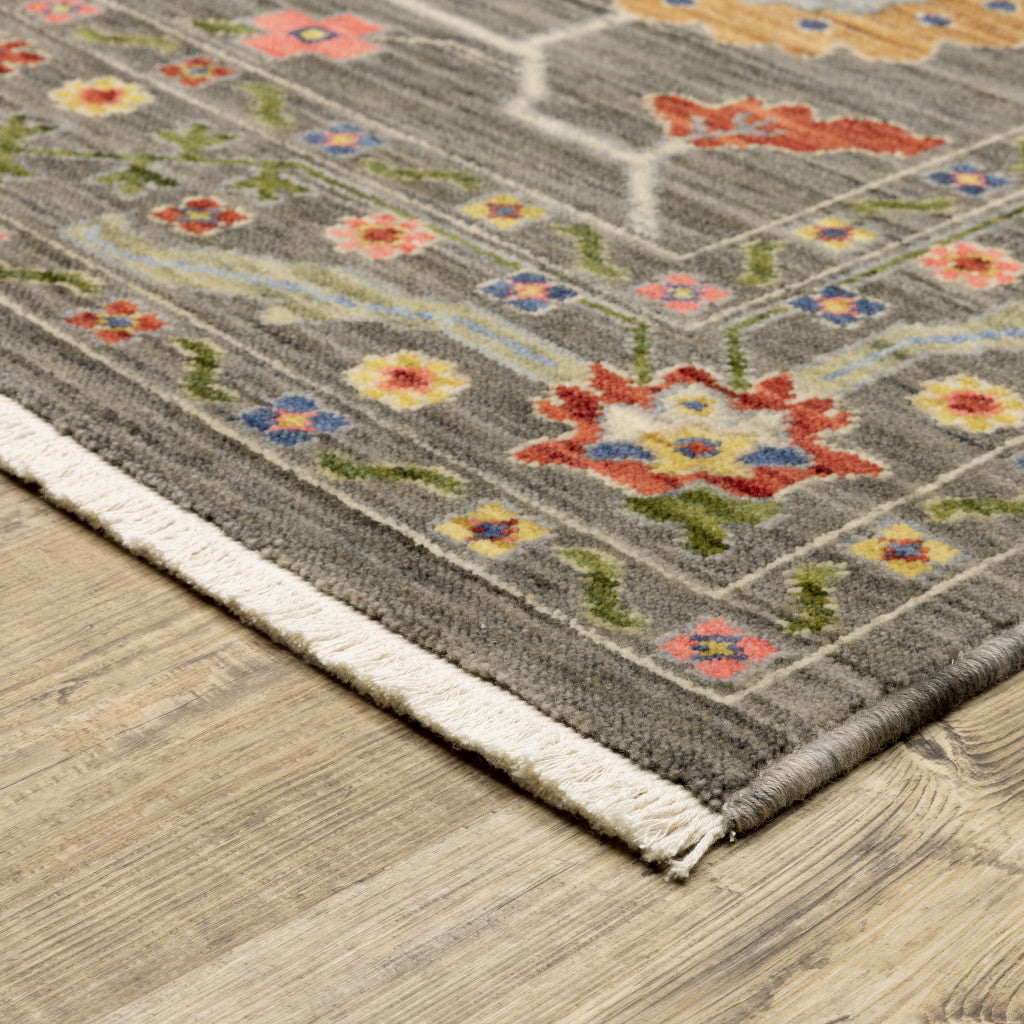 2' X 6' Grey Blue Pink Orange Rust Red Green And Ivory Oriental Power Loom Stain Resistant Runner Rug With Fringe