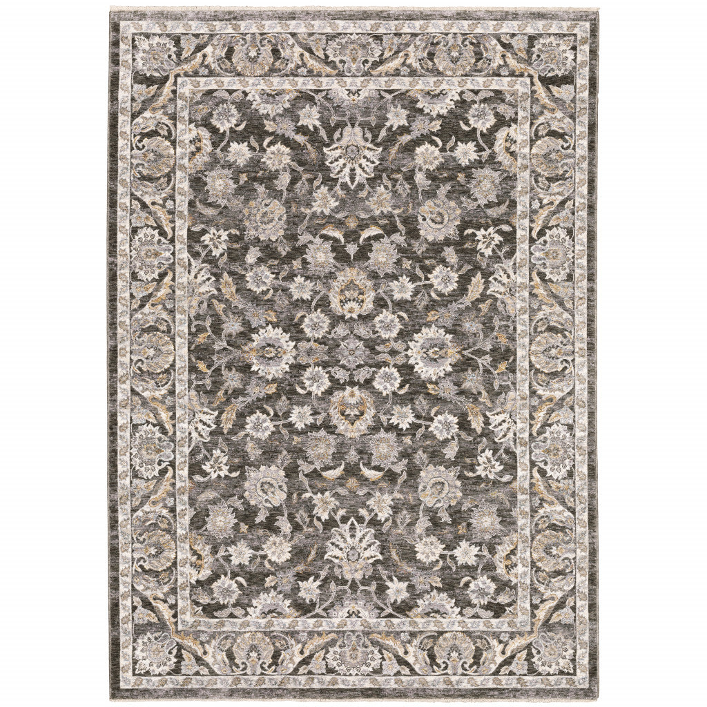 3' X 5' Grey And Ivory Oriental Power Loom Stain Resistant Area Rug With Fringe