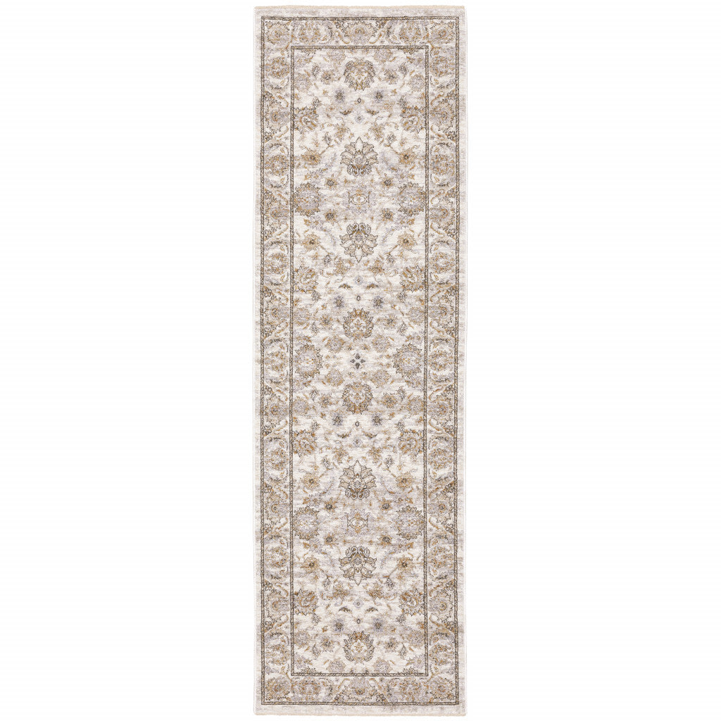 2' X 8' Ivory And Grey Oriental Power Loom Stain Resistant Runner Rug With Fringe