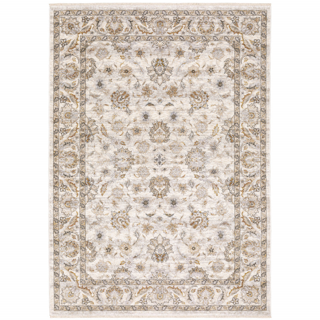 6' X 9' Ivory And Grey Oriental Power Loom Stain Resistant Area Rug With Fringe