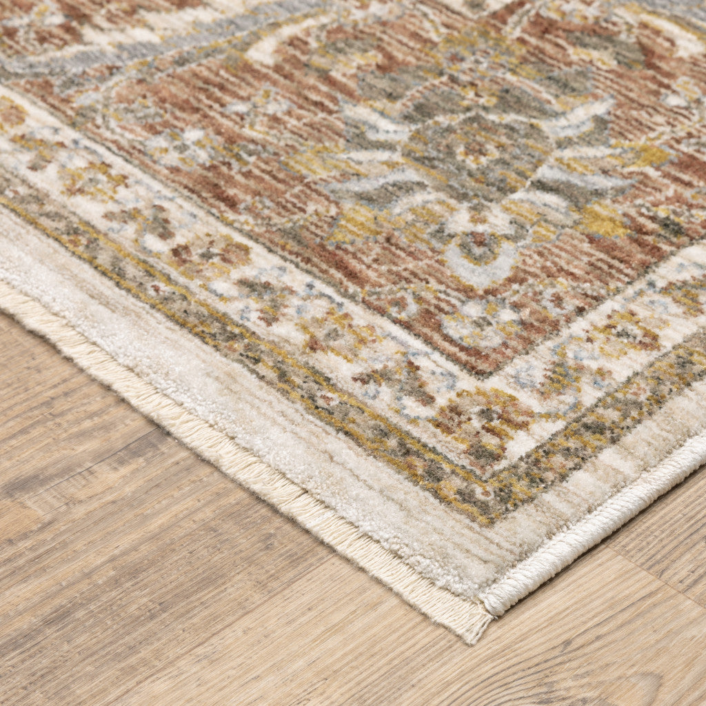 8' X 11' Rust And Ivory Oriental Power Loom Stain Resistant Area Rug With Fringe