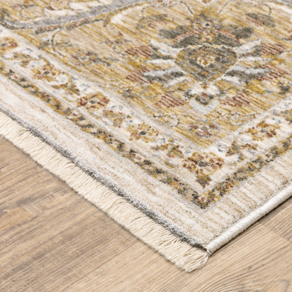 2' X 3' Ivory And Gold Oriental Power Loom Stain Resistant Area Rug With Fringe