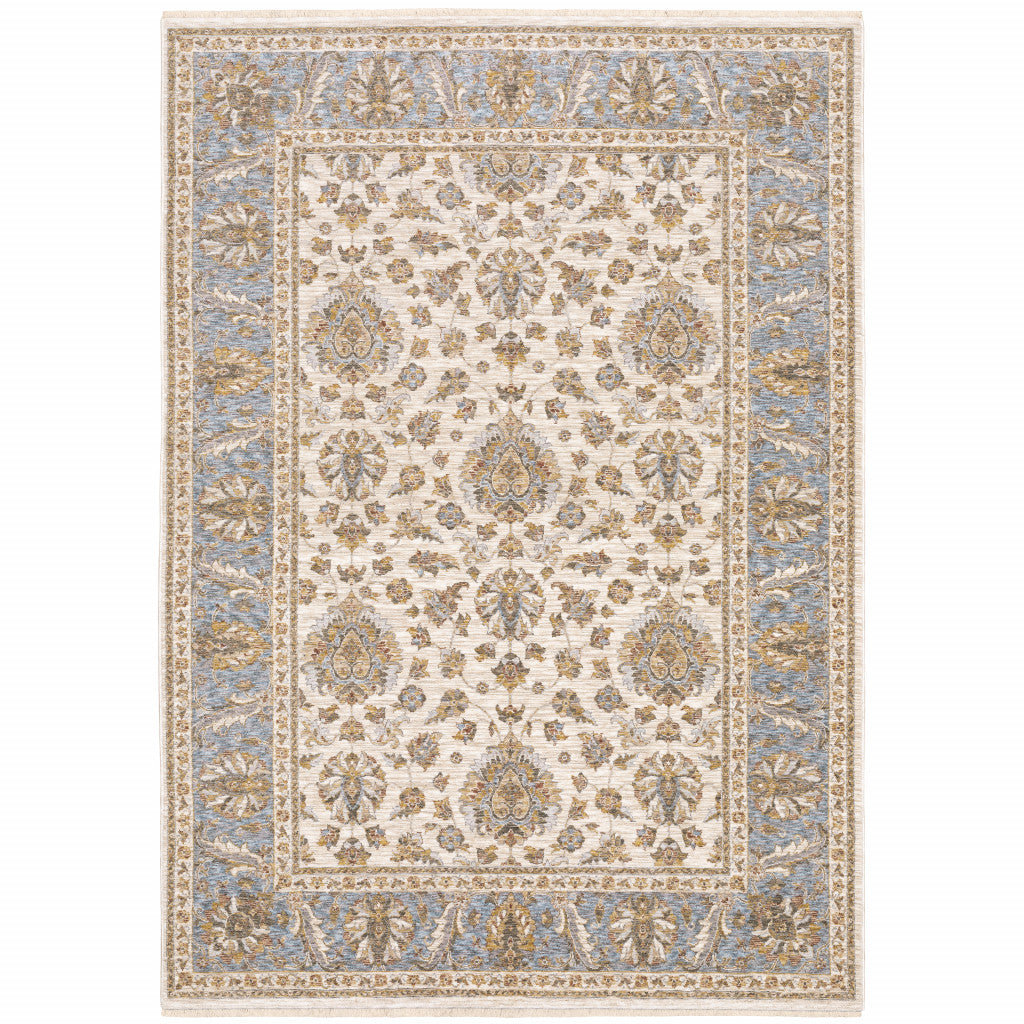 3' X 5' Ivory And Blue Oriental Power Loom Stain Resistant Area Rug With Fringe